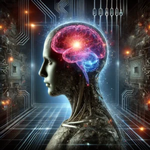 Humanoide robótico com cérebro iluminado, cercado por circuitos digitais e rachaduras visíveis em sua estrutura, representando os riscos das inteligências artificiais.