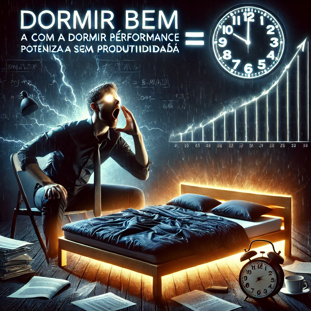 Dormir bem é essencial para o aumento da produtividade, ilustrado por uma pessoa lutando para se manter acordada no trabalho, enquanto uma cama iluminada simboliza o impacto do descanso na performance.