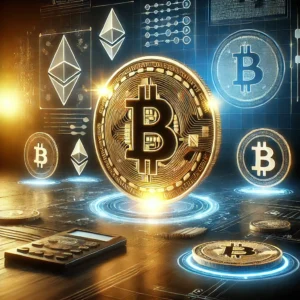 Representação digital do Bitcoin e criptomoedas em alta, destacando o símbolo do Bitcoin com gráficos de blockchain em um cenário financeiro futurista.