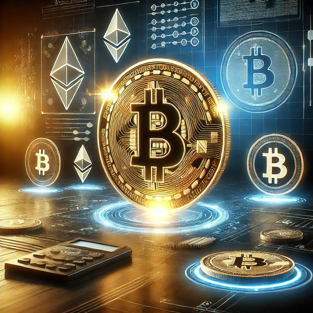 Representação digital do Bitcoin e criptomoedas em alta, destacando o símbolo do Bitcoin com gráficos de blockchain em um cenário financeiro futurista.