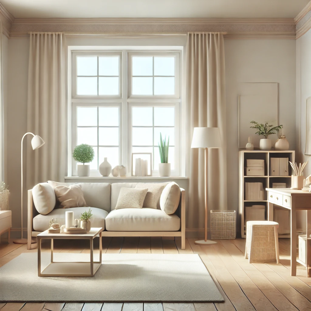 Ambiente limpo e organizado com sala de estar minimalista, iluminada por luz natural, transmitindo bem-estar e tranquilidade.