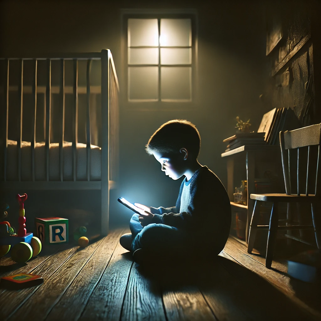 Os malefícios do uso de smartphones na infância: criança sentada sozinha em um quarto escuro, iluminada apenas pela luz do smartphone, com expressão triste e brinquedos negligenciados ao redor.
