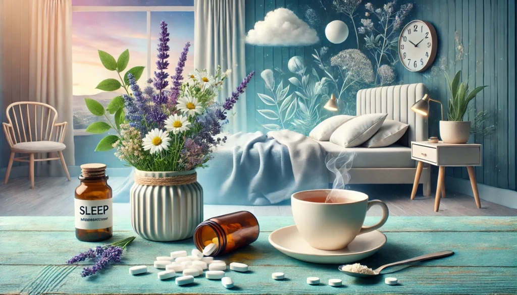 Imagem mostrando o contraste entre um conjunto de medicamentos para dormir e alternativas naturais, como uma xícara de chá de camomila e flores de lavanda, sobre uma mesa em um ambiente sereno.