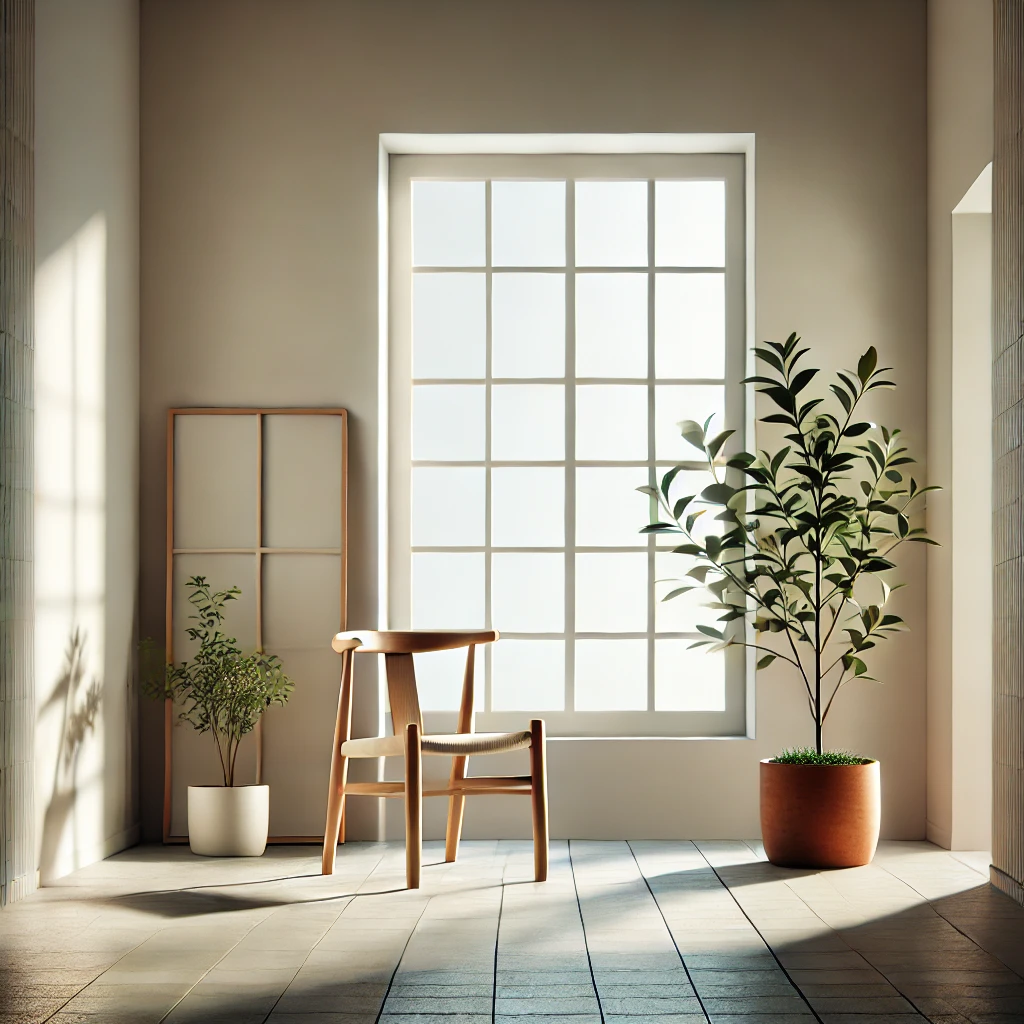 Espaço minimalista com design moderno, uma planta e luz natural - representando os benefícios de uma vida simples.