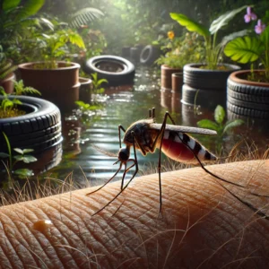 Os mosquitos Aedes aegypti transmitem doenças como dengue, zika e chikungunya. Imagem de um mosquito pousado na pele, destacando os riscos.