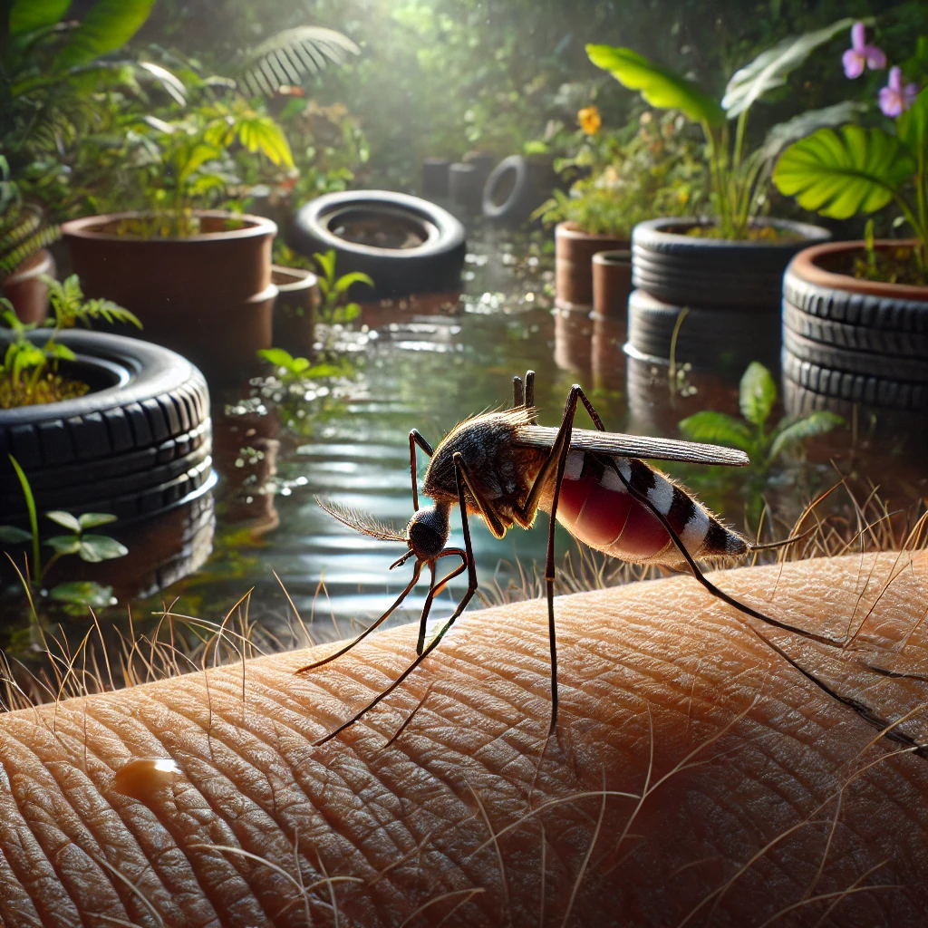 Os mosquitos Aedes aegypti transmitem doenças como dengue, zika e chikungunya. Imagem de um mosquito pousado na pele, destacando os riscos.